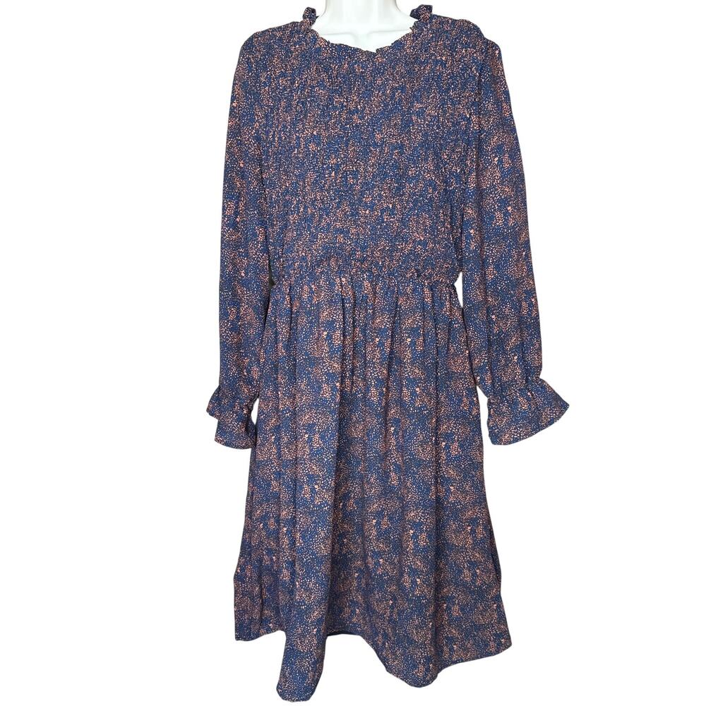 Tulip B By Unique Vintage Navy Smocked Top Long Sleeve High Neck Dress L NWT